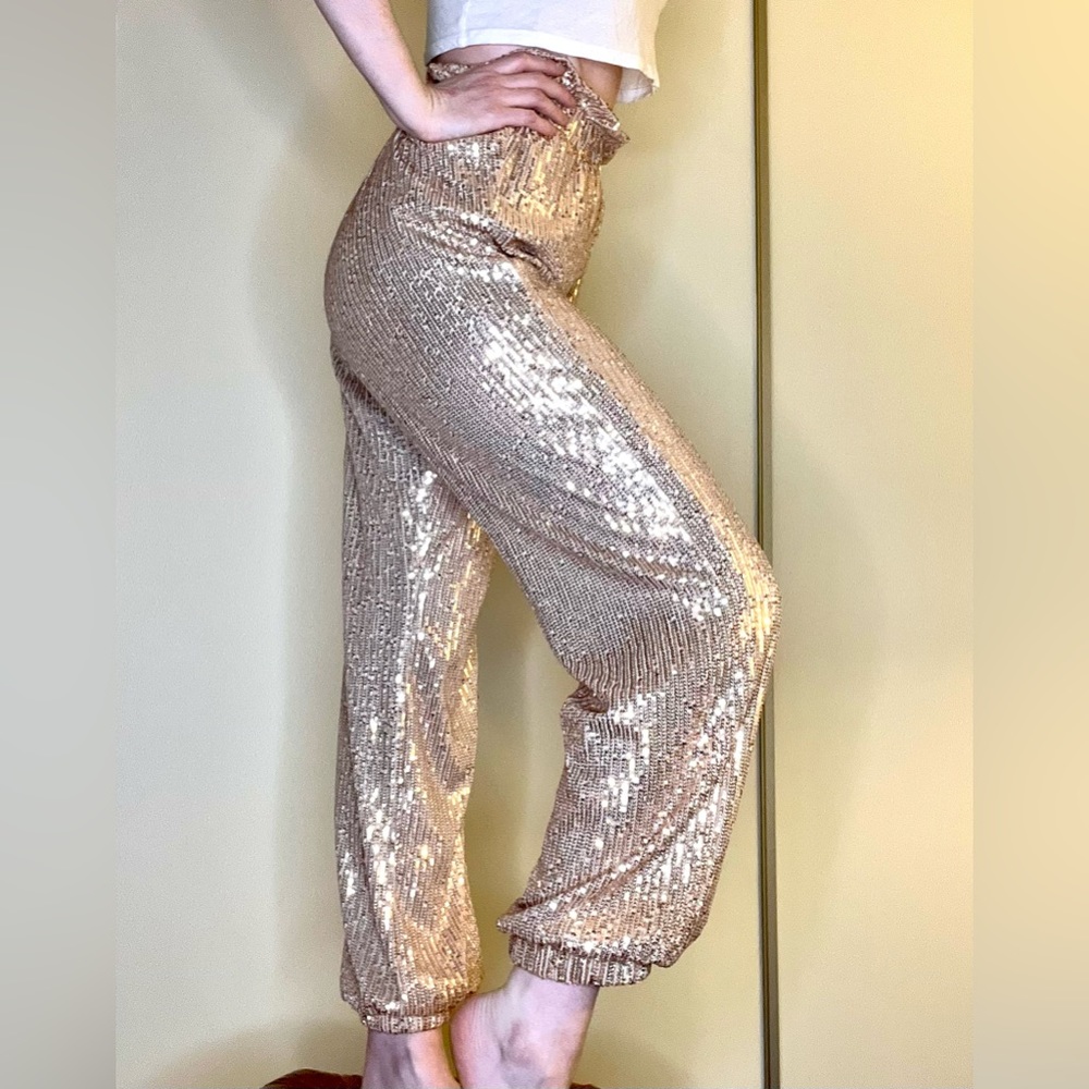 Rose gold sequin joggers